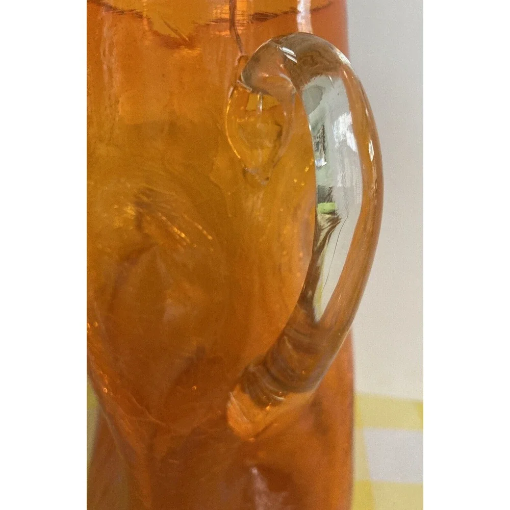 Vintage Blenko crackle glass dimpled tall pitcher Amberina orange clear handle